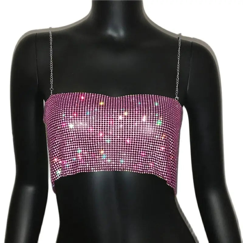 Crystal Metal Strap Crop Top with Glitter
