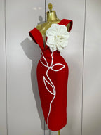 Off-Shoulder Bandage Midi Dress | 3D Rose Appliqué | Red & Black