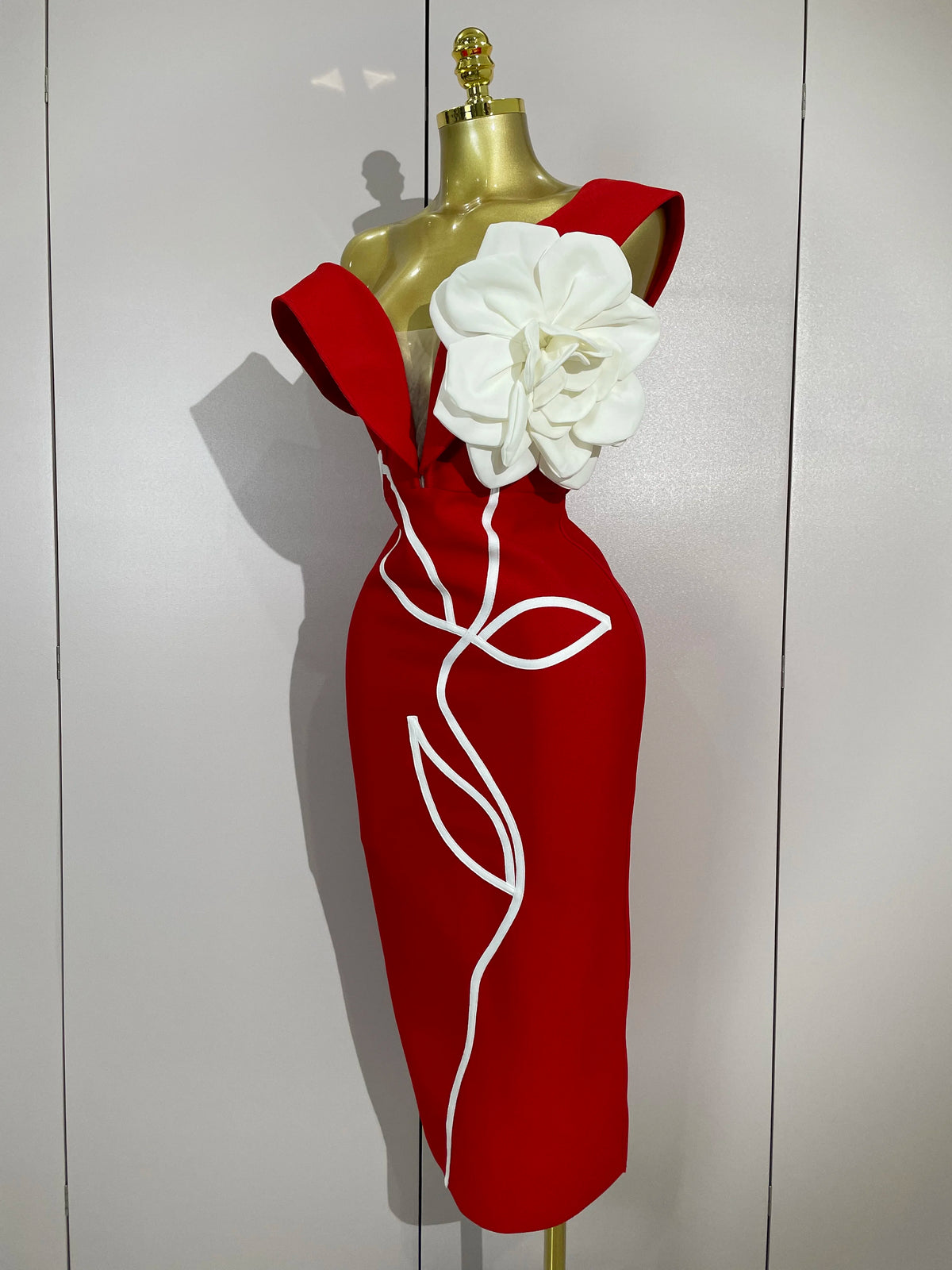Off-Shoulder Bandage Midi Dress | 3D Rose Appliqué | Red & Black