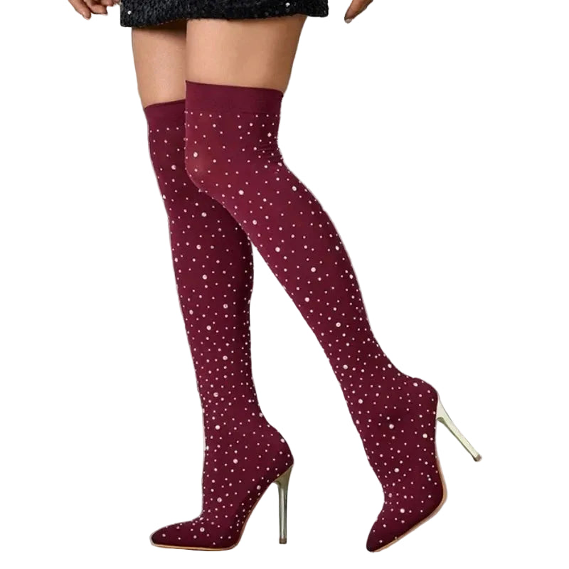 Crystal Rhinestone Stretch Thigh-High Boots | Stiletto | OTK