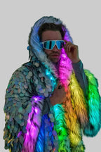 LED Silver Sequin Faux Fur Jacket