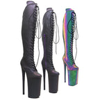10-Inch Holographic Platform Boots - Thigh-High Reflective Dance Boots