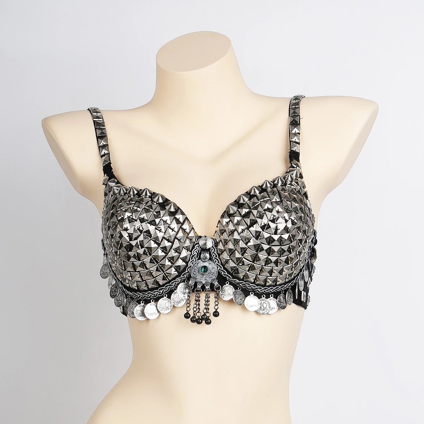 Tribal Belly Dance Bra - Vintage Gypsy Style with Beads, Mirrors & Coin Drapes