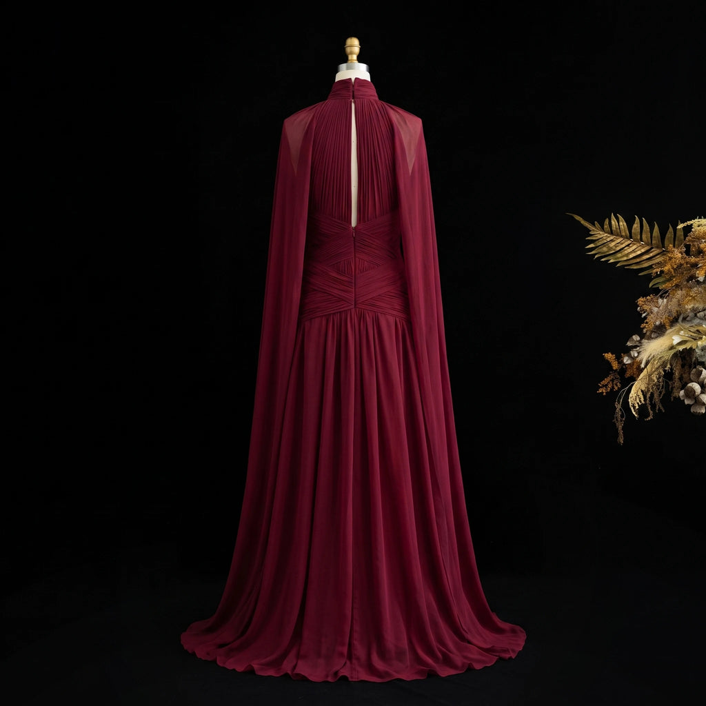 Wine Red Cape Sleeve Gown | High Neck Pleated Chiffon | A-Line