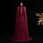 Wine Red Cape Sleeve Gown | High Neck Pleated Chiffon | A-Line