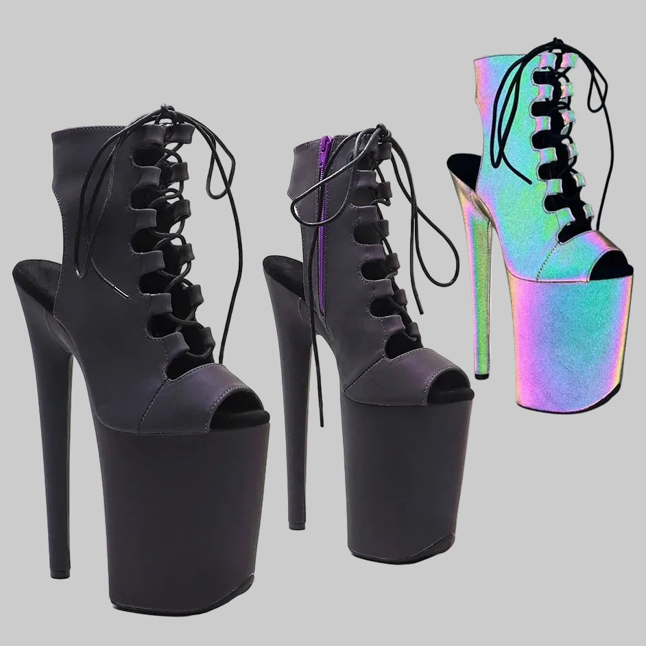 9-Inch Holographic Ankle Boots - Light-Up Pole Dance Heels