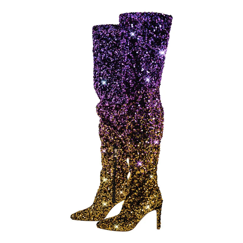 Thigh-High Sequin Boots | Gradient Glitter | Stiletto Heel
