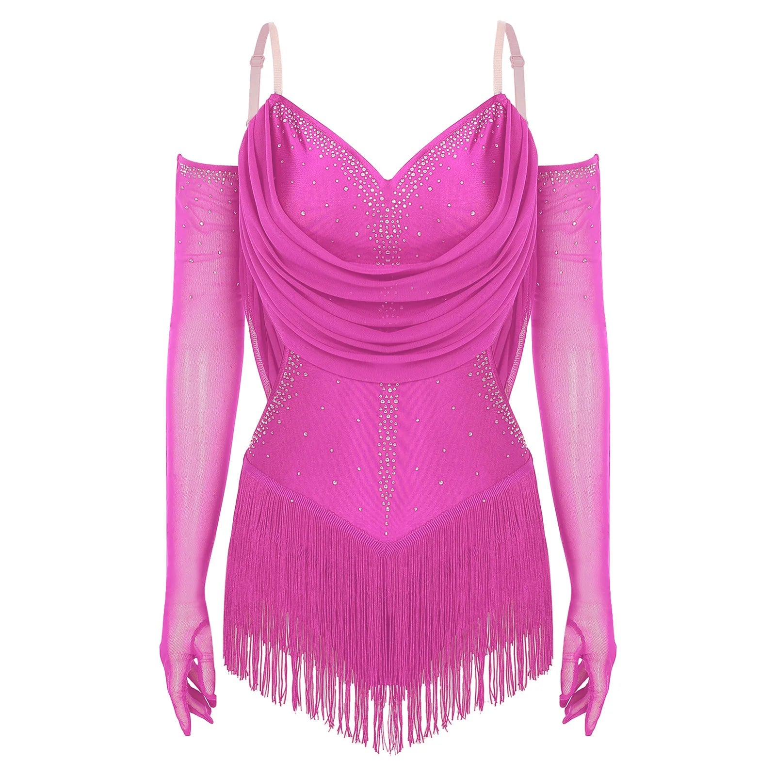 Women's Latin Dance Bodysuit | Fringe & Rhinestone | With Gloves