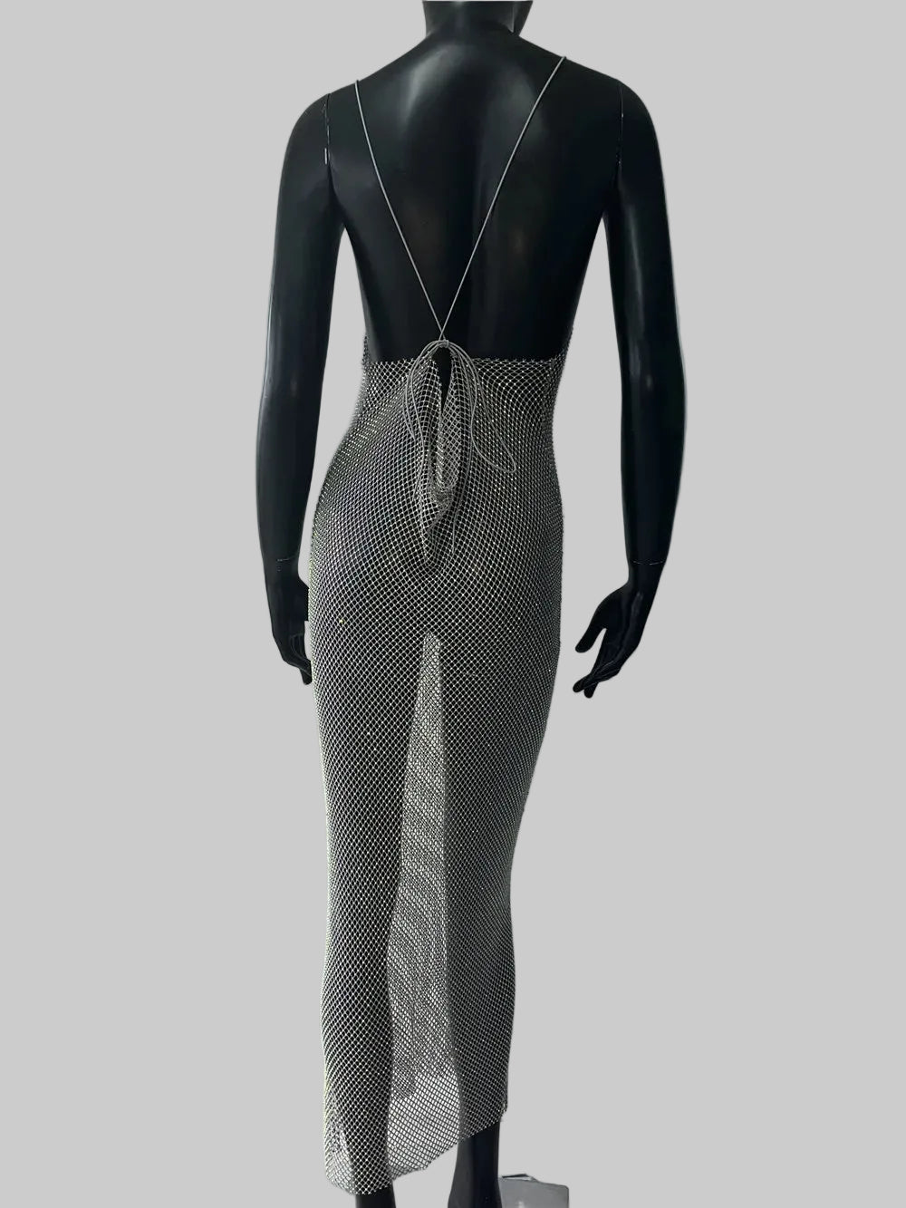 Rhinestone Fishnet Maxi Dress - Sheer Glitter Evening Gown