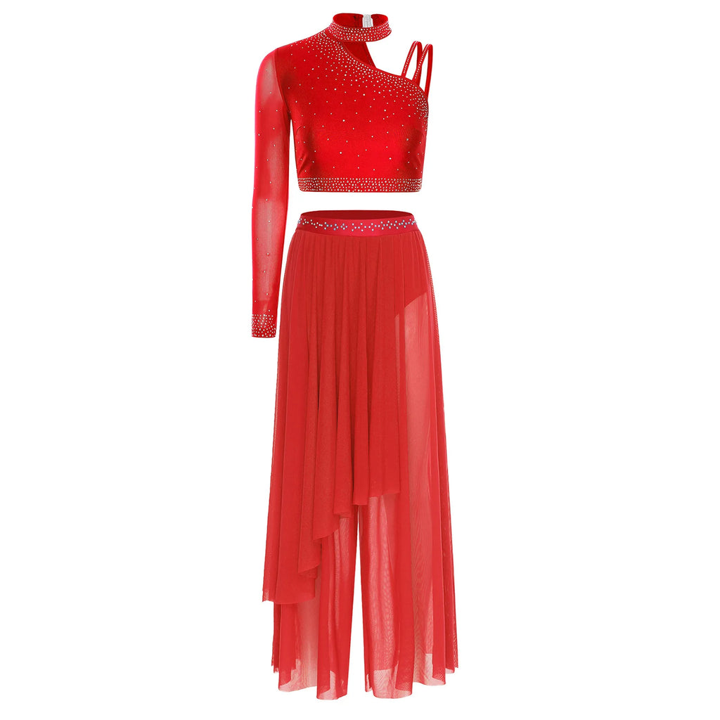 Rhinestone Crop Top & Wide-Leg Split Pants Set | One Shoulder | Lyrical Modern Dance