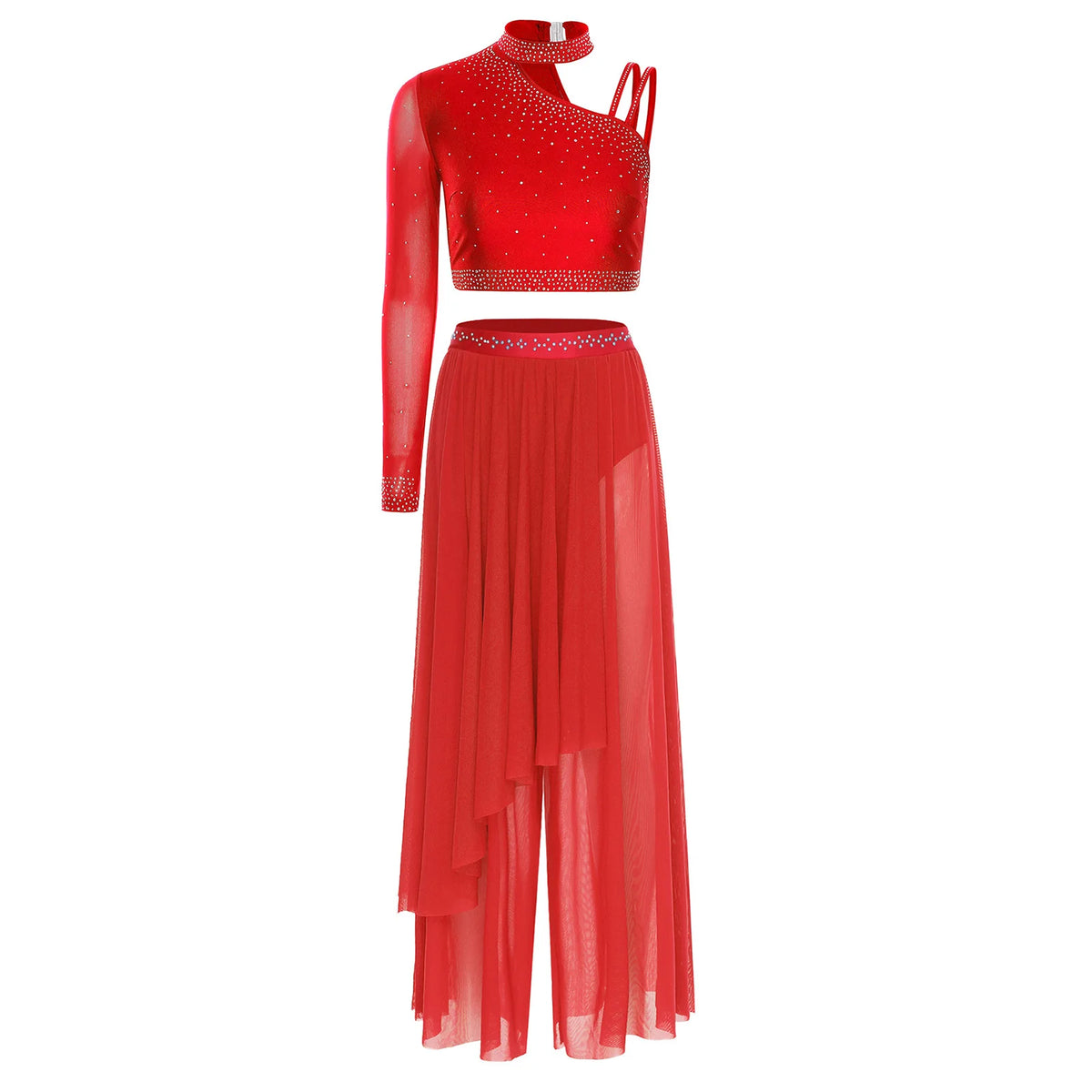 Rhinestone Crop Top & Wide-Leg Split Pants Set | One Shoulder | Lyrical Modern Dance