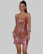 Metallic Sequin Halter Mini Dress - Deep V-Neck with Side Split