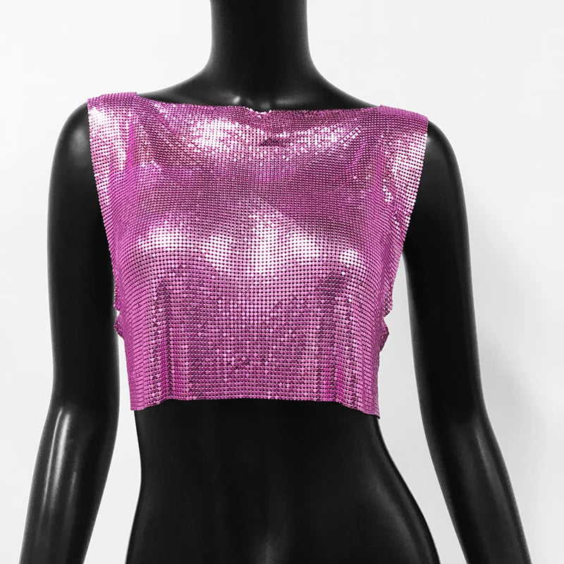 Handmade Metal Sequin Backless Crop Top