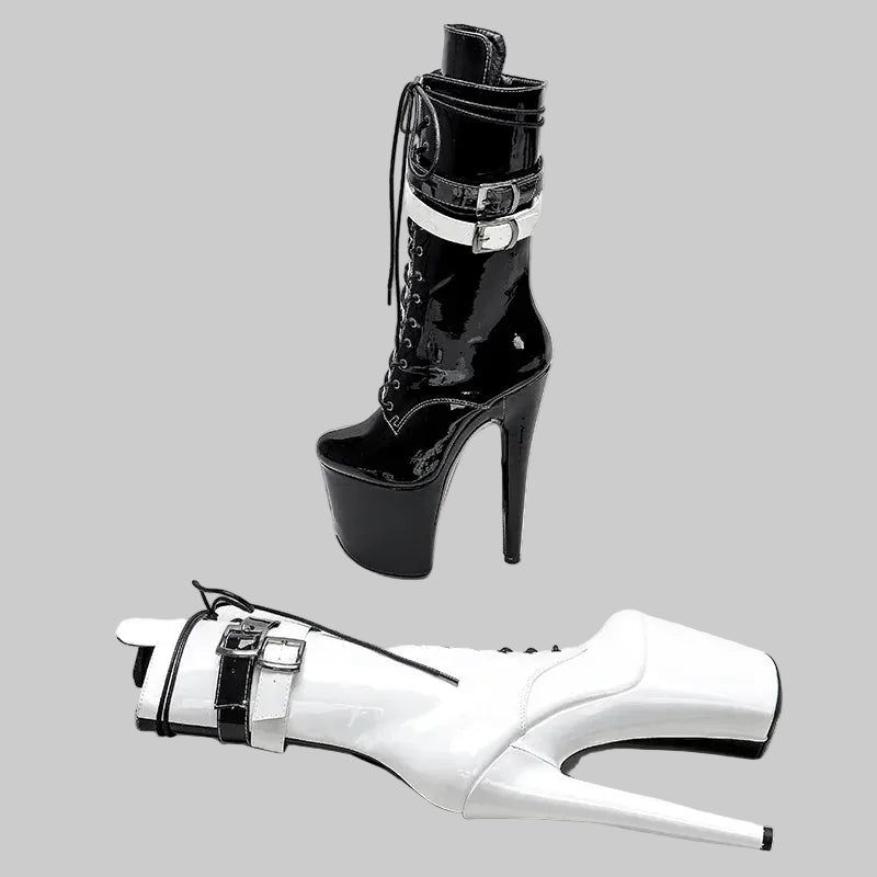 Platform Ankle Boots - 8-Inch Black & White Lace-Up Heels for Pole Dance & Performance