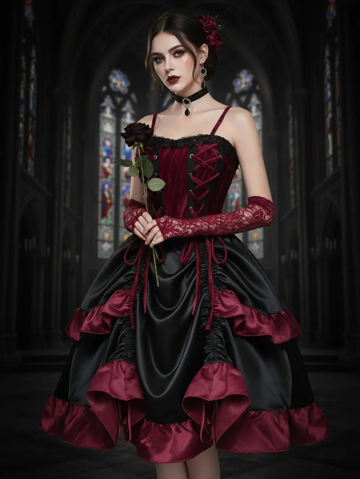 Gothic Ruffle Dress | Lace-Up Layered | Deep Red | S-XXXL