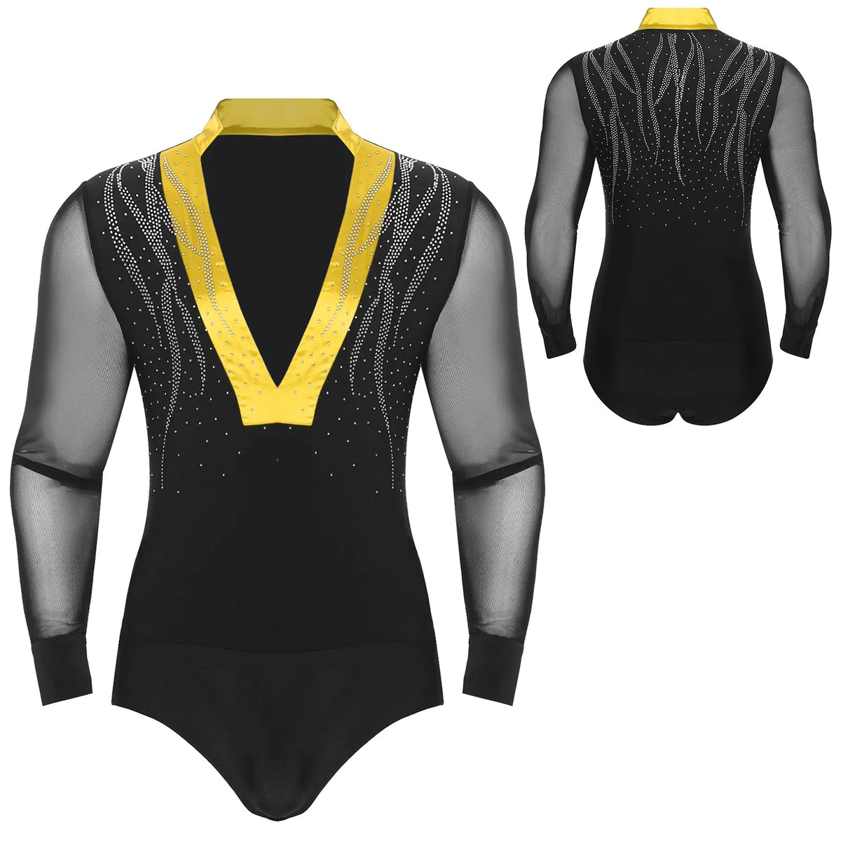 Men's Sheer Mesh Long Sleeve Bodysuit | Deep V Rhinestone | Latin Ballroom Dance