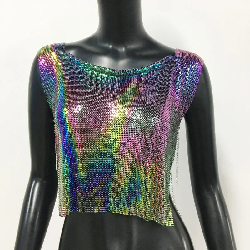 Sequin Backless Crop Top - Diamond Metal Party Tank