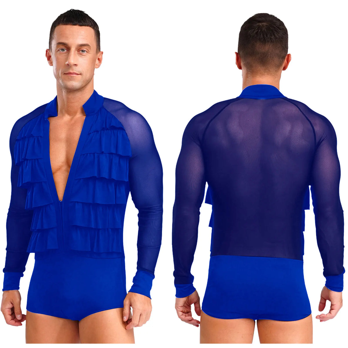 Men's Latin Dance Bodysuit | Mesh Sleeves | Ruffle V-Neck