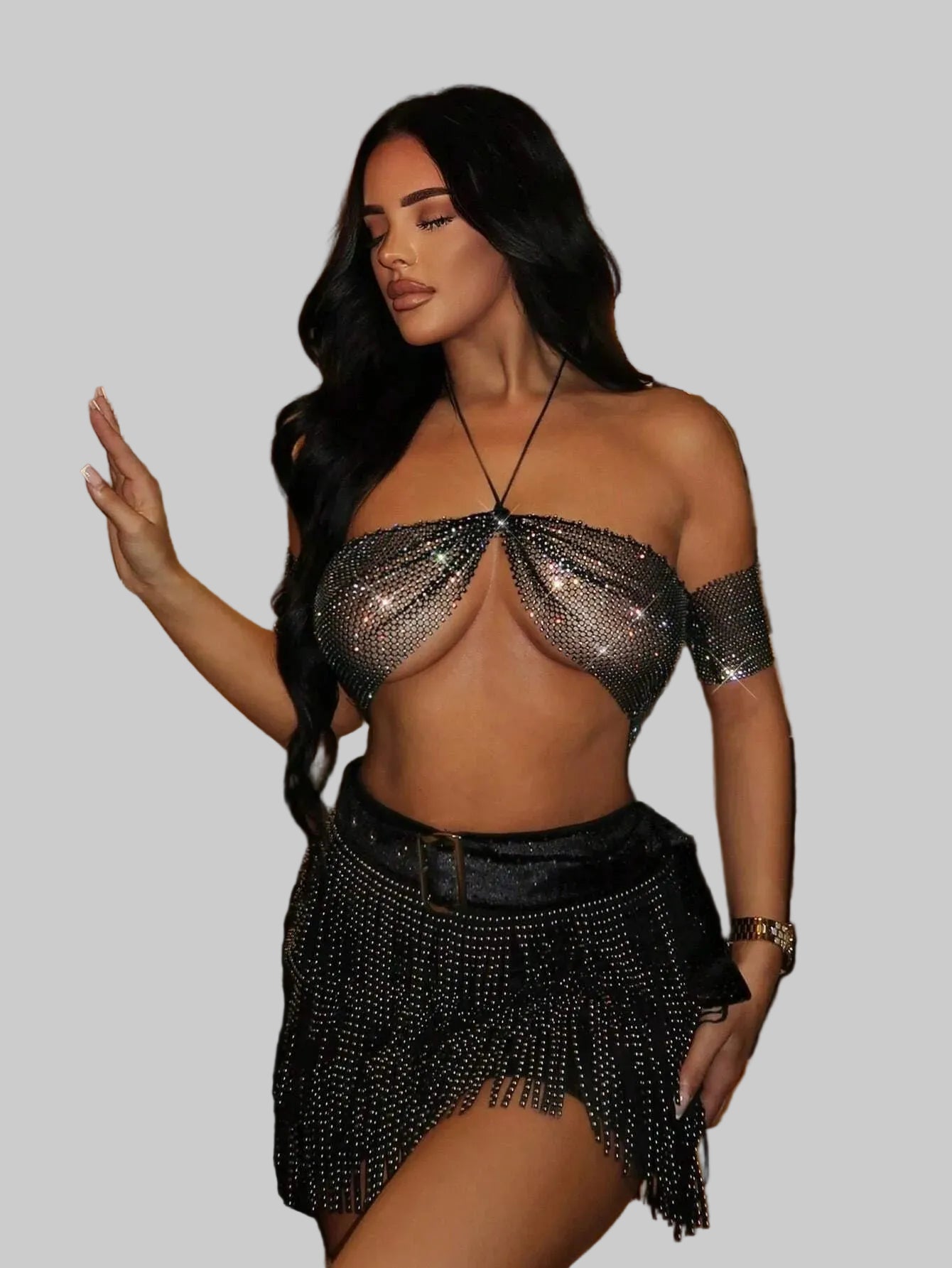 Glitter Rhinestone Halter Crop Top - Sheer Backless Tank
