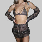 Rhinestone 3-Piece Festival Set - Sheer Crop Top, Mini Skirt & Sleeves