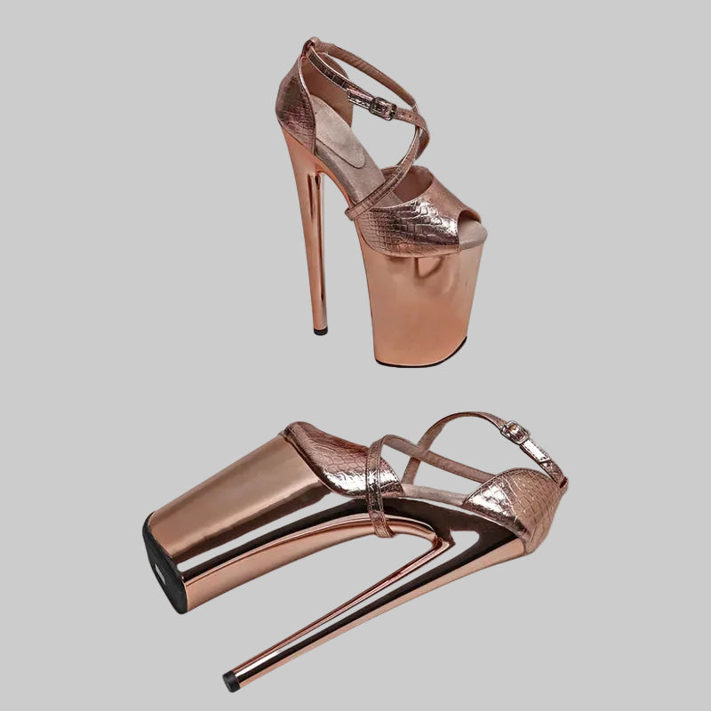 23CM Shiny Snake Print Platform Sandals - 9 Inch High Heel Pole Dance Shoes
