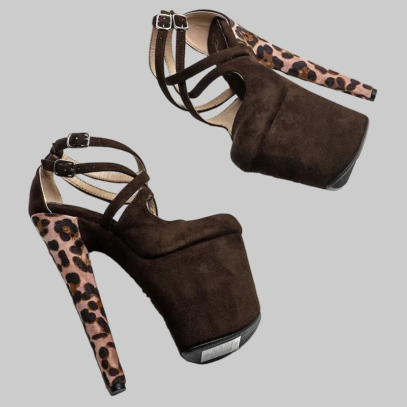 20CM Suede Leopard Platform Sandals - Closed Toe 8 Inch High Heel Pole Dance Shoes