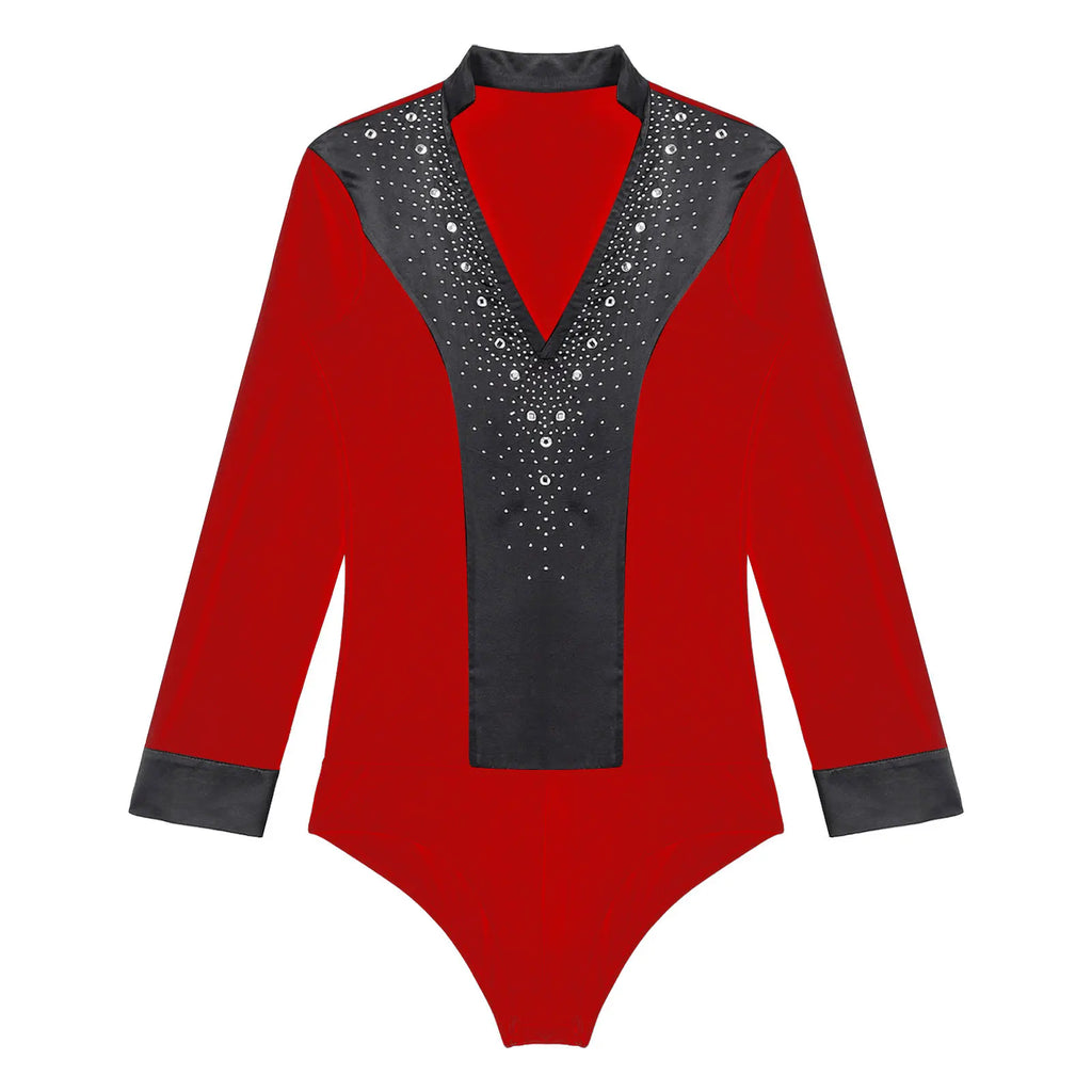 Men's Rhinestone Dance Leotard | V-Neck & Long Sleeve | Satin Patchwork