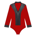 Men's Rhinestone Dance Leotard | V-Neck & Long Sleeve | Satin Patchwork