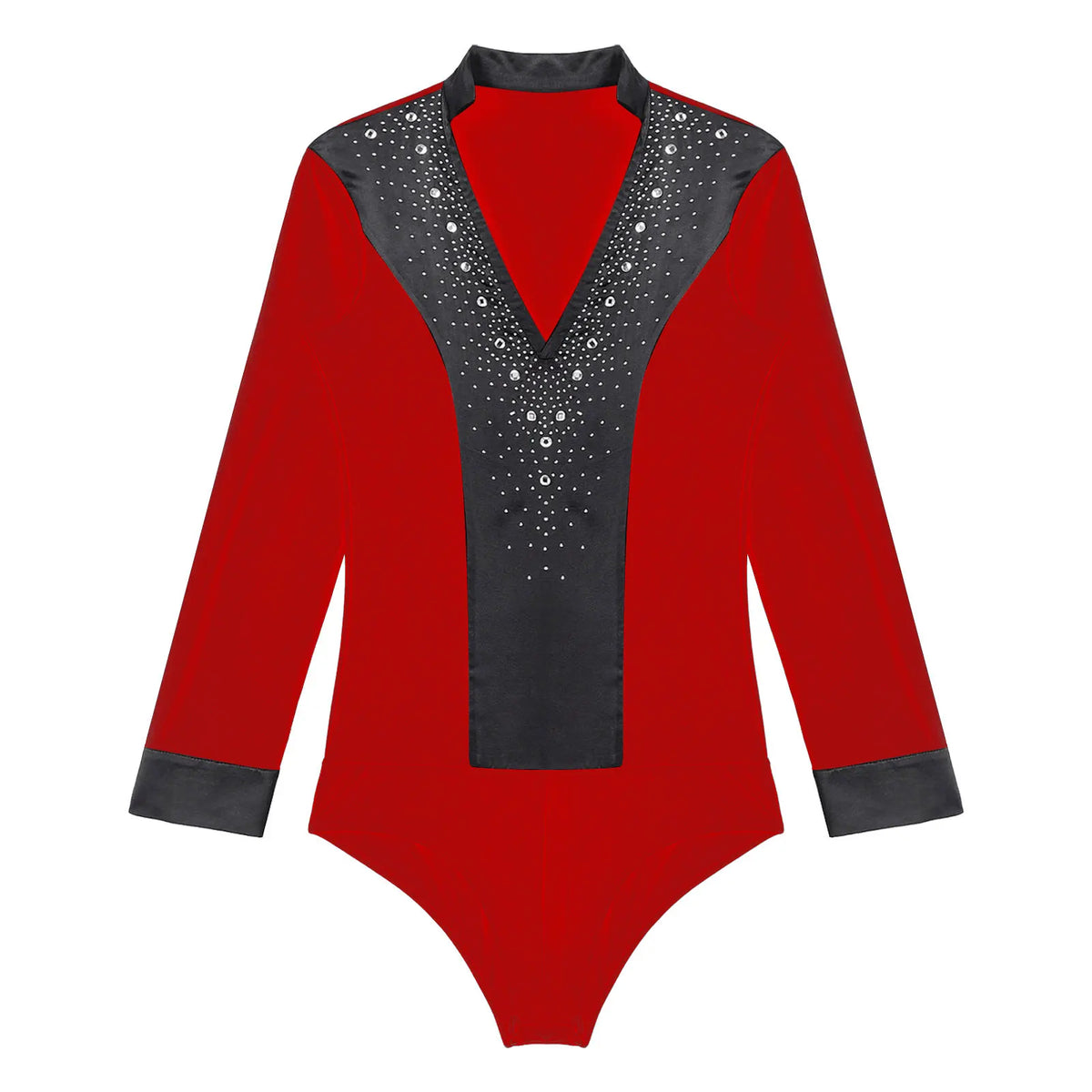 Men's Rhinestone Dance Leotard | V-Neck & Long Sleeve | Satin Patchwork