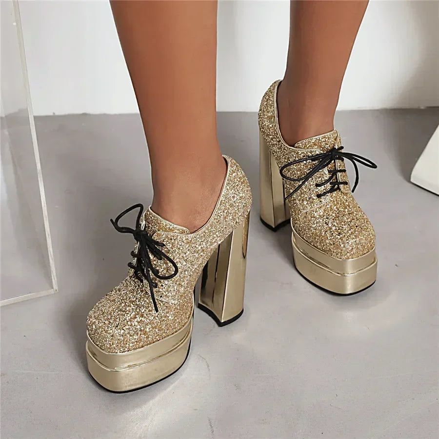 Platform Derby Heels | Sequin Sparkle | 14.5cm