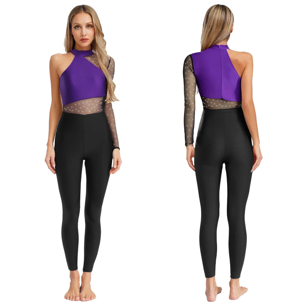 One Shoulder Rhinestone Mesh Jumpsuit | Dance Unitard