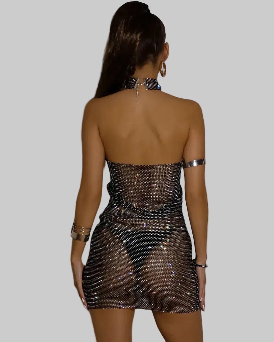 Rhinestone Halter Mini Dress - Backless Sheer Performance Dress
