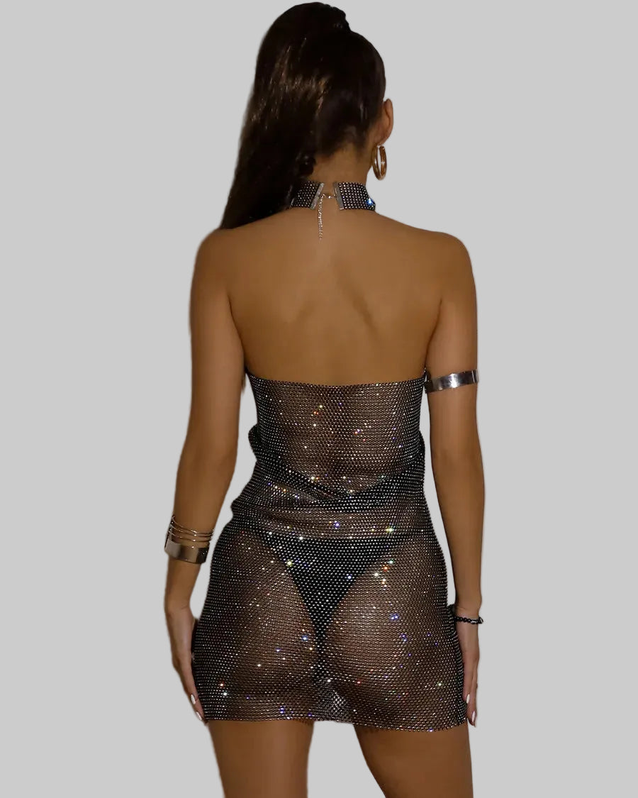 Rhinestone Halter Mini Dress - Backless Sheer with Turtleneck