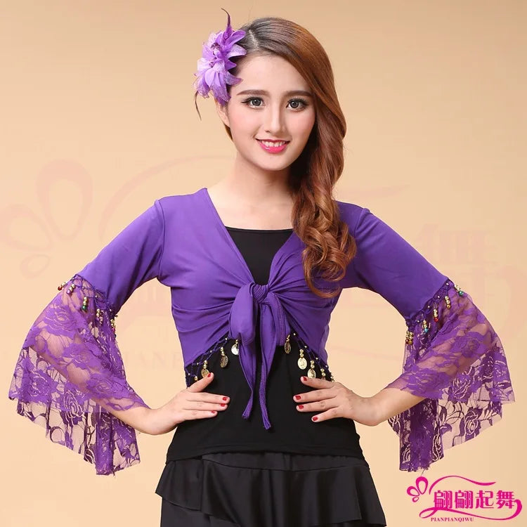 Coin & Bead Tassel Bolero | Bell Sleeve Belly Dance Shawl Top | 8 Colours | M–6XL