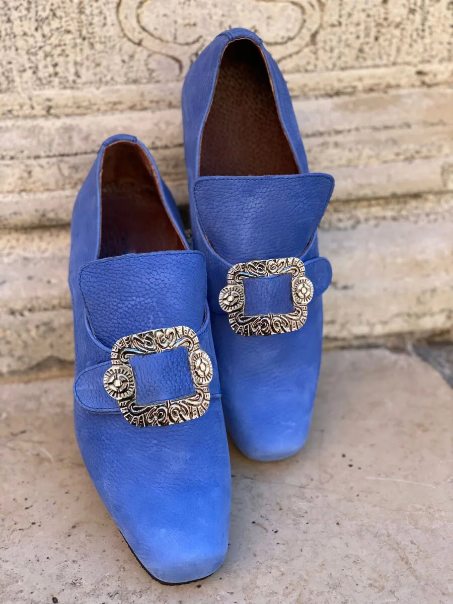 Victorian Buckle Court Shoe | Block Heel | Black, Beige, Grey & Blue