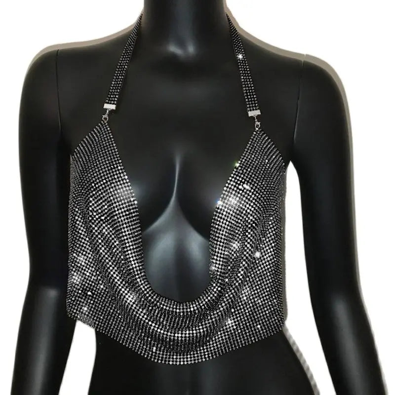 Rhinestone Crystal Deep V Crop Top - Sheer Backless Adjustable Tank