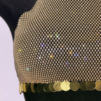 Rhinestone Sequin Tassel Fishnet Crop Top