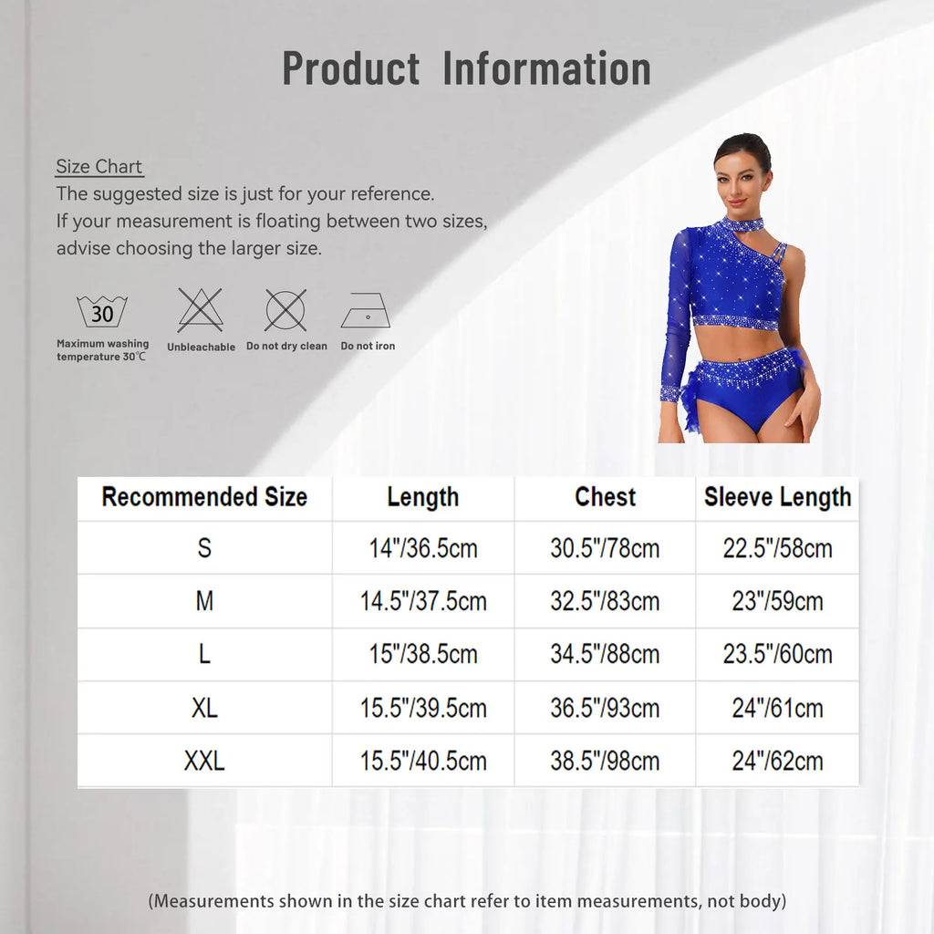 Rhinestone Asymmetric Dance Crop Top | One Mesh Sleeve | Latin Salsa Samba