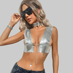 Sequin Choker Crop Top - Backless V-Neck Performance Cami