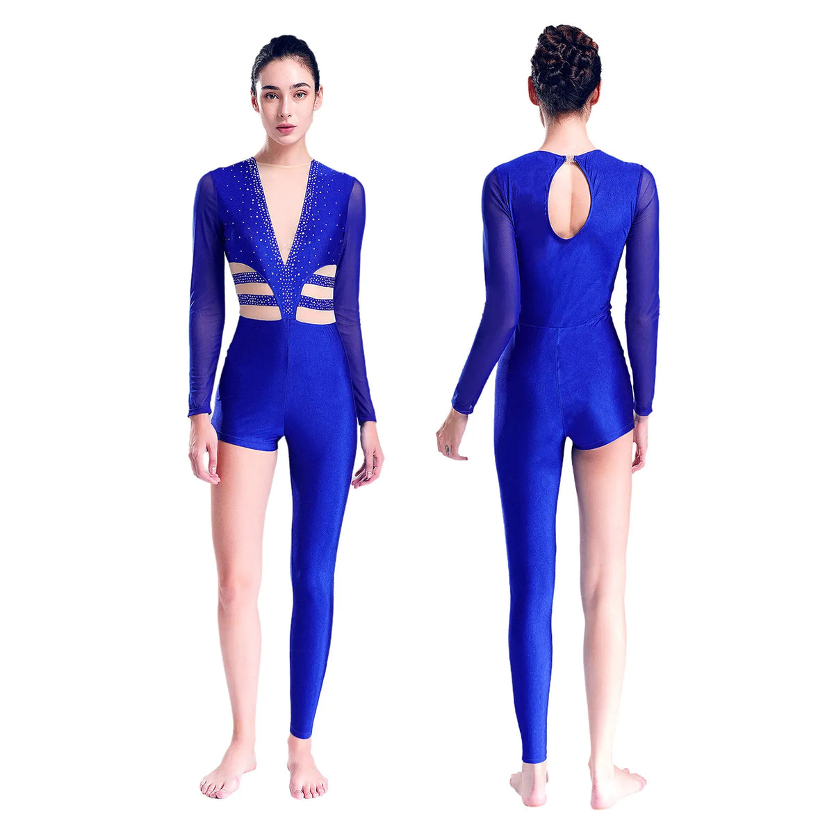 Women's Rhinestone Asymmetric Jumpsuit | One Long Leg & Sheer Mesh Illusion | Performance Bodysuit