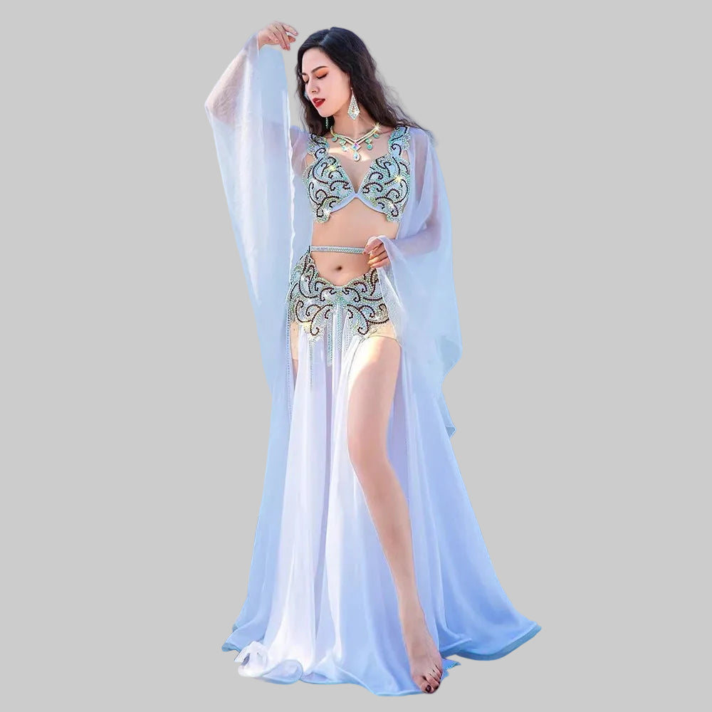 Egyptian Belly Dance Costume Set - Rhinestone Beaded Bra, Skirt & Sleeves