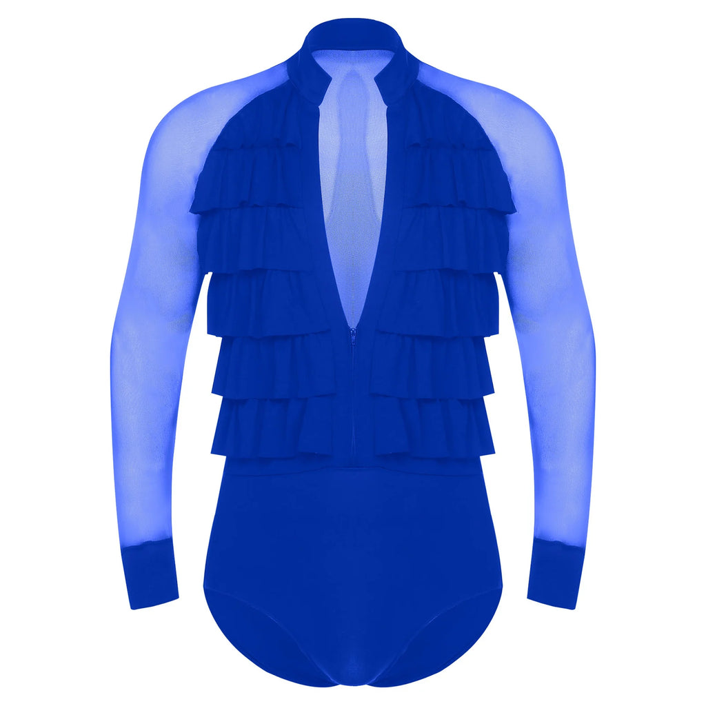 Men's Latin Dance Bodysuit | Mesh Sleeves | Ruffle V-Neck