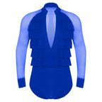 Men's Latin Dance Bodysuit | Mesh Sleeves | Ruffle V-Neck