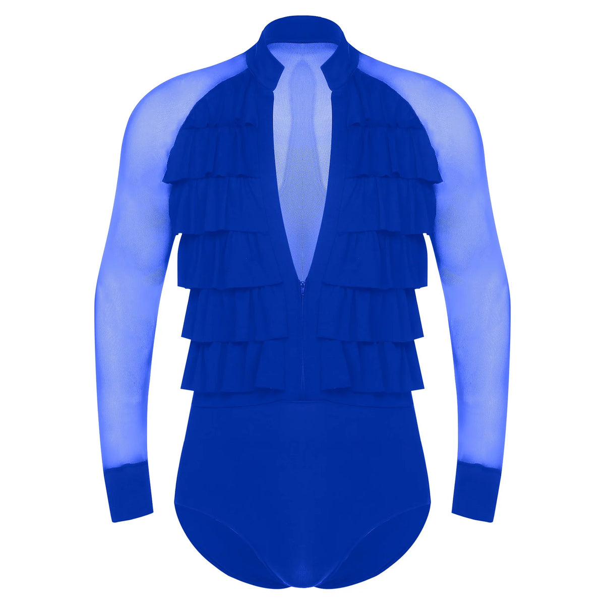 Men's Latin Dance Bodysuit | Mesh Sleeves | Ruffle V-Neck
