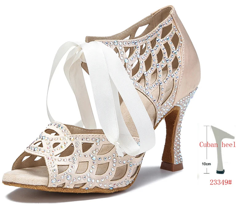 Cut-Out Lace-Up Latin Dance Sandals | Cuban Heel | 6–10cm | White, Black & Nude