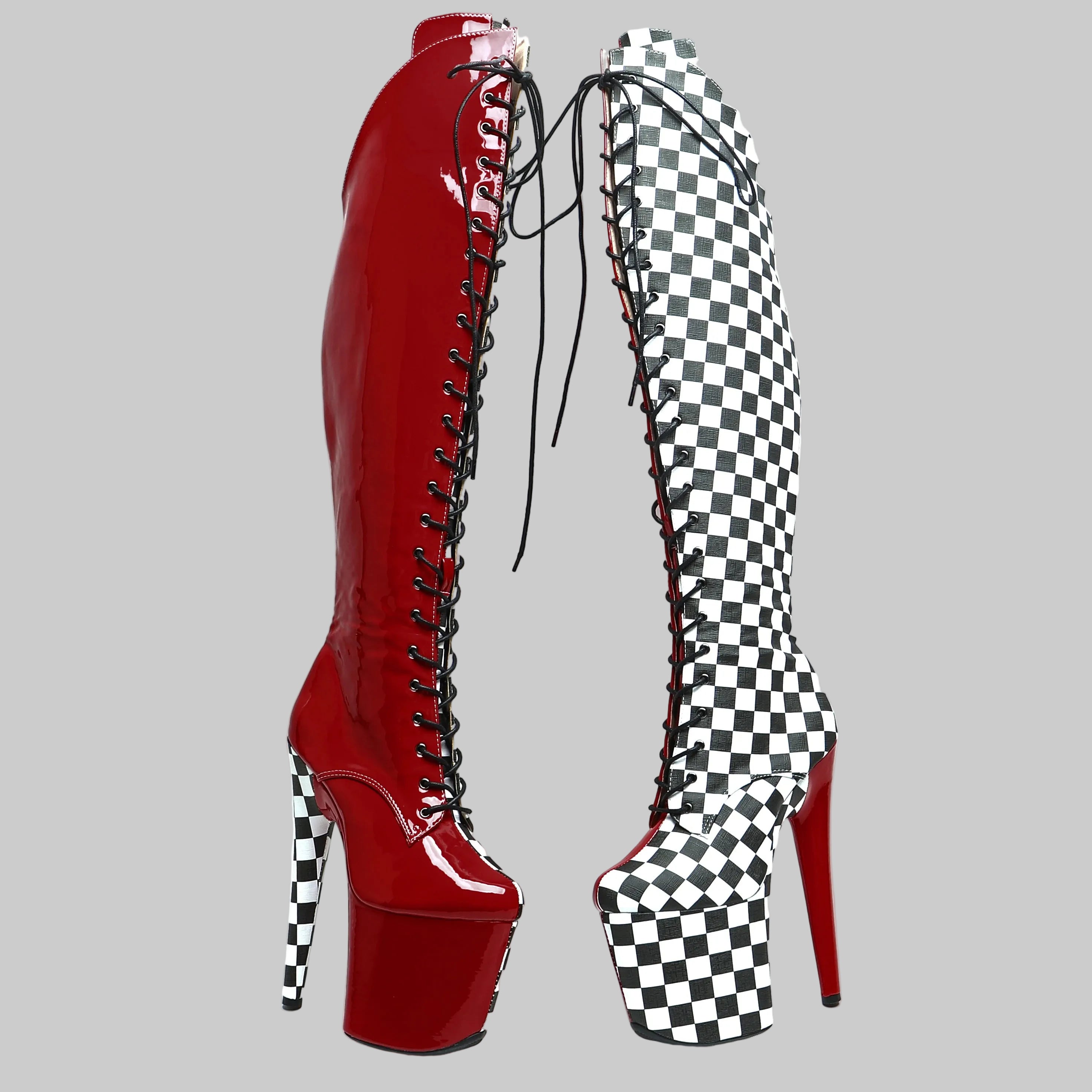 Thigh-High Platform Boots - 8-Inch Grid Pattern Lace-Up Boots for Pole Dance & Performance