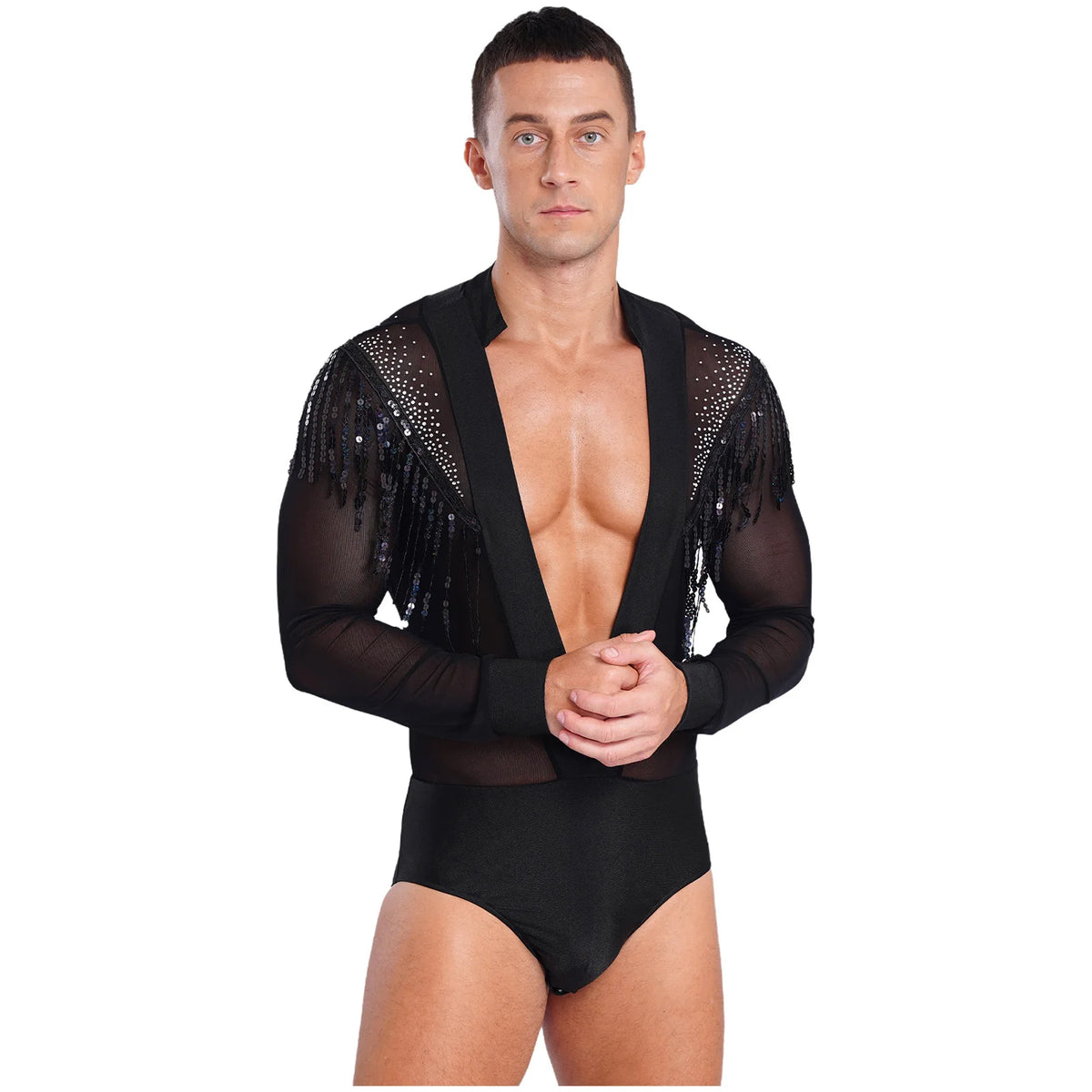 Men's Latin Dance Leotard | Deep V-Neck & Sheer Mesh | Rhinestone & Tassels