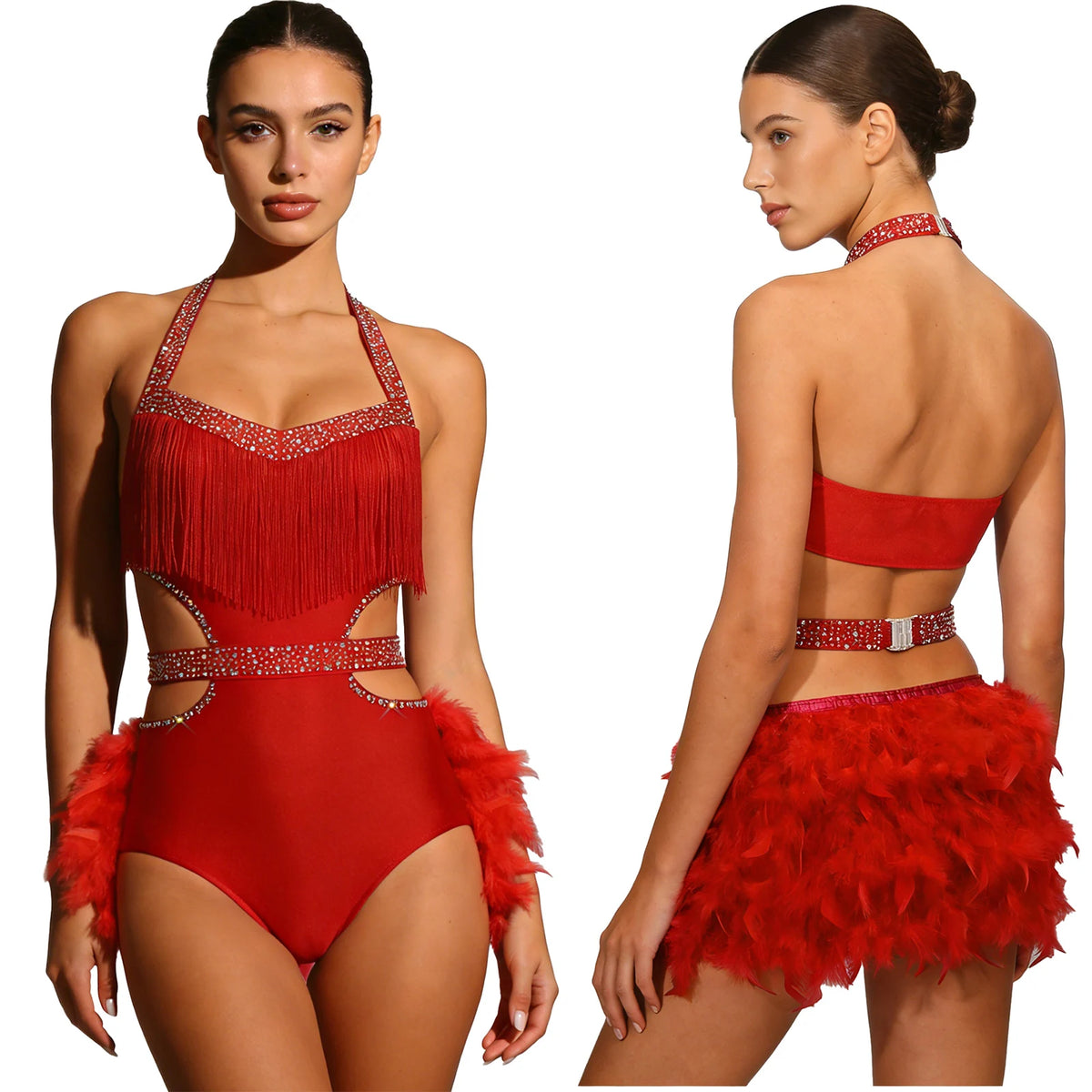 Dance Bodysuit | Rhinestones & Faux Feathers
