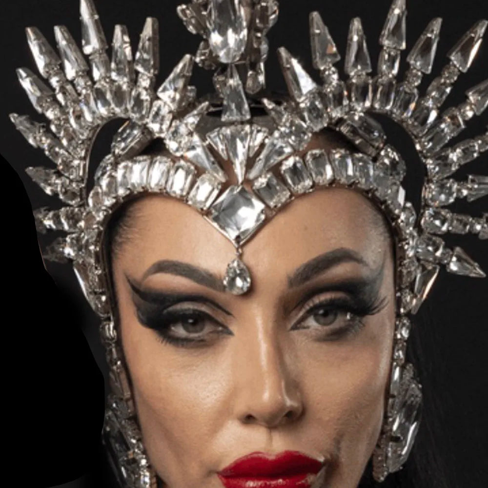 Exaggerated Crystal Stage Jewelry Set - Rhinestone Necklace, Headpiece & Ring for Drag & Performance