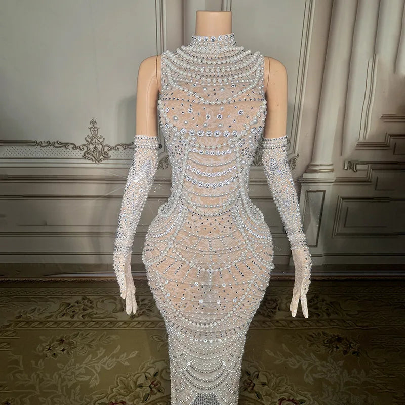 Rhinestone Glove Dress | Pearl & Crystal | Maxi Gown